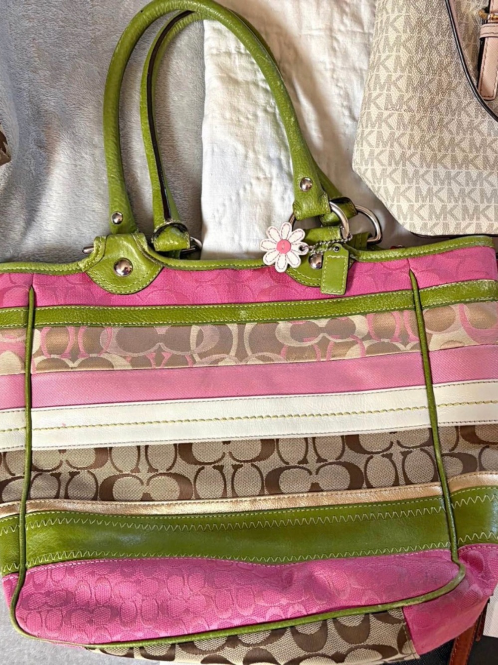 SOLD. Coach Pink, Green & Brown Signature Stripe Tote